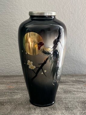 Vintage Japanese mixed metal bronze 8" vase with Rooster, Sun and Plum Blossoms